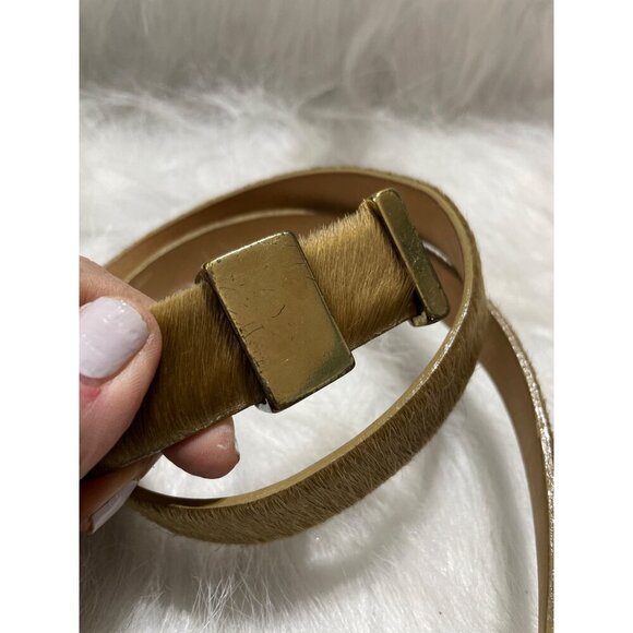 Gold-Toned Et Cetera Genuine Leather & Haircalf Belt With Rectangular Buckle - Picture 3 of 7